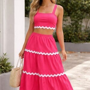 Vibrant Pink Skirt 2Piece Set with White Accents